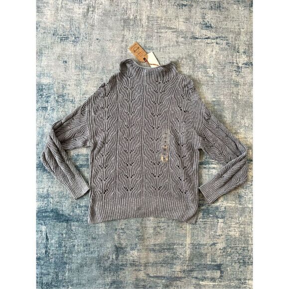 NWT Weatherproof Vintage Slub Pointelle Knit Mock Neck Sweater Dusty Blue Medium - Picture 2 of 10